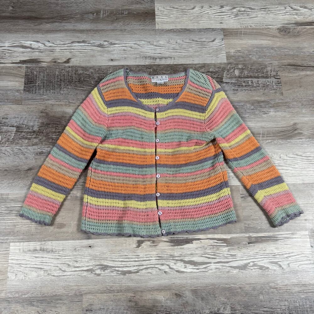 Vintage 90s Pastel Stripe Ramie Cotton Crochet Cardigan Open Knit Fairycore L